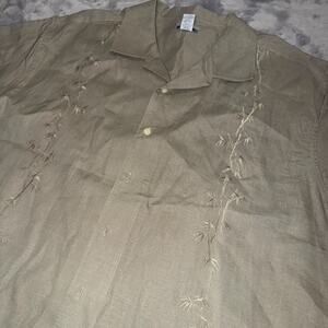 Men’s XL 100% Linen Short Sleeve Button Down Shirt Olive Green Bamboo Embroidery